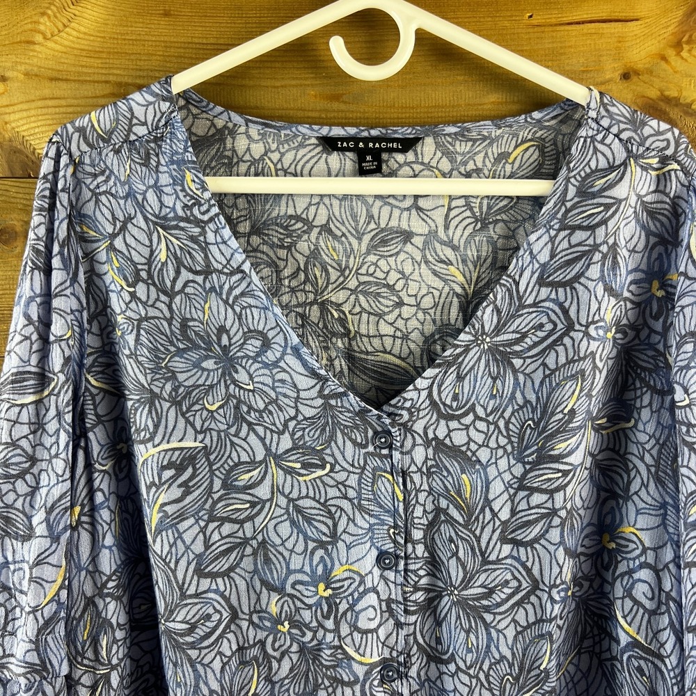 Zac & Rachel Womens Shirt 3/4 Tiered Sleeve Vneck Button Up Floral Blue Boho XL - Picture 2 of 7
